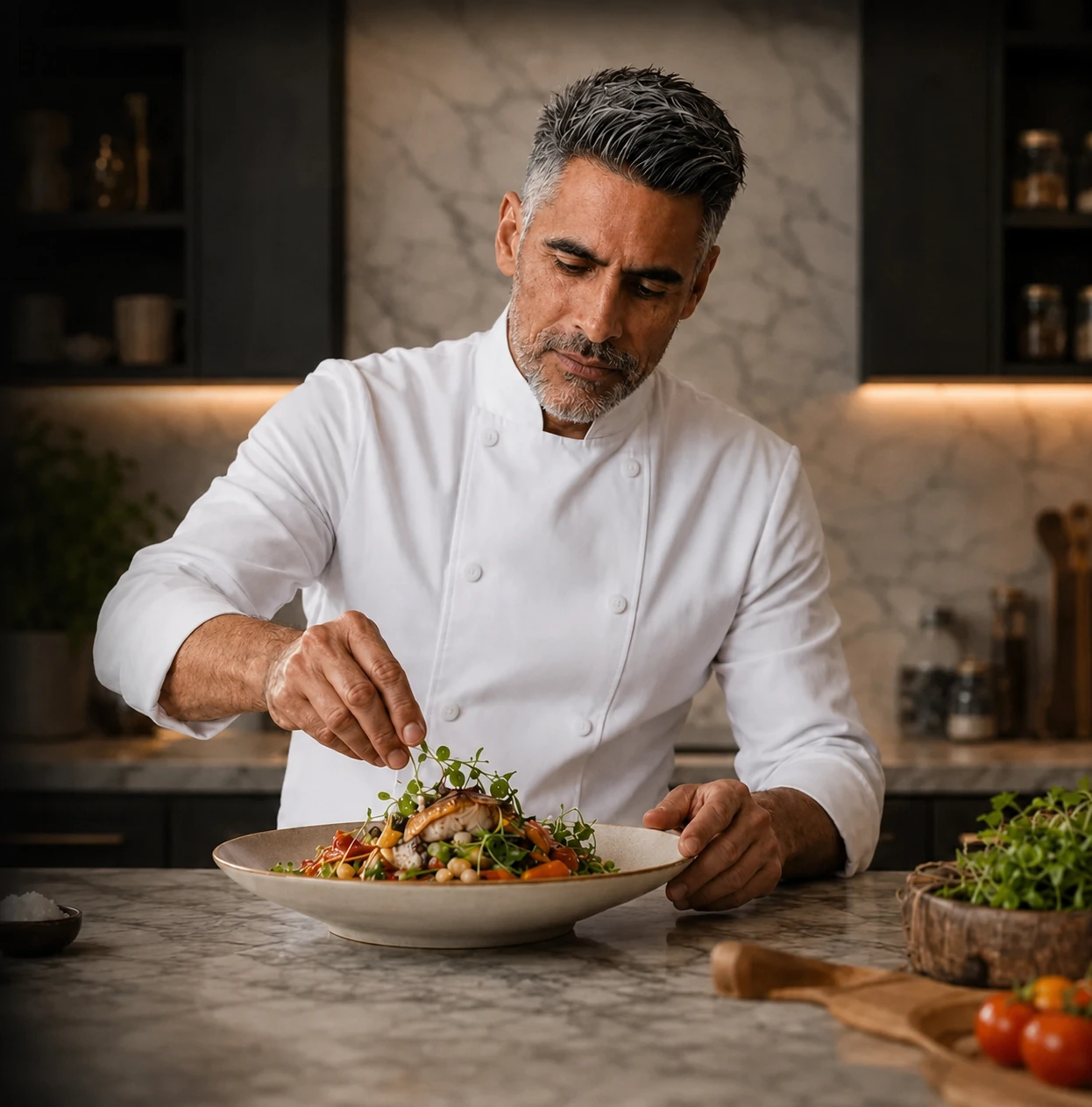 Portrait of Chef James in a white chef coat