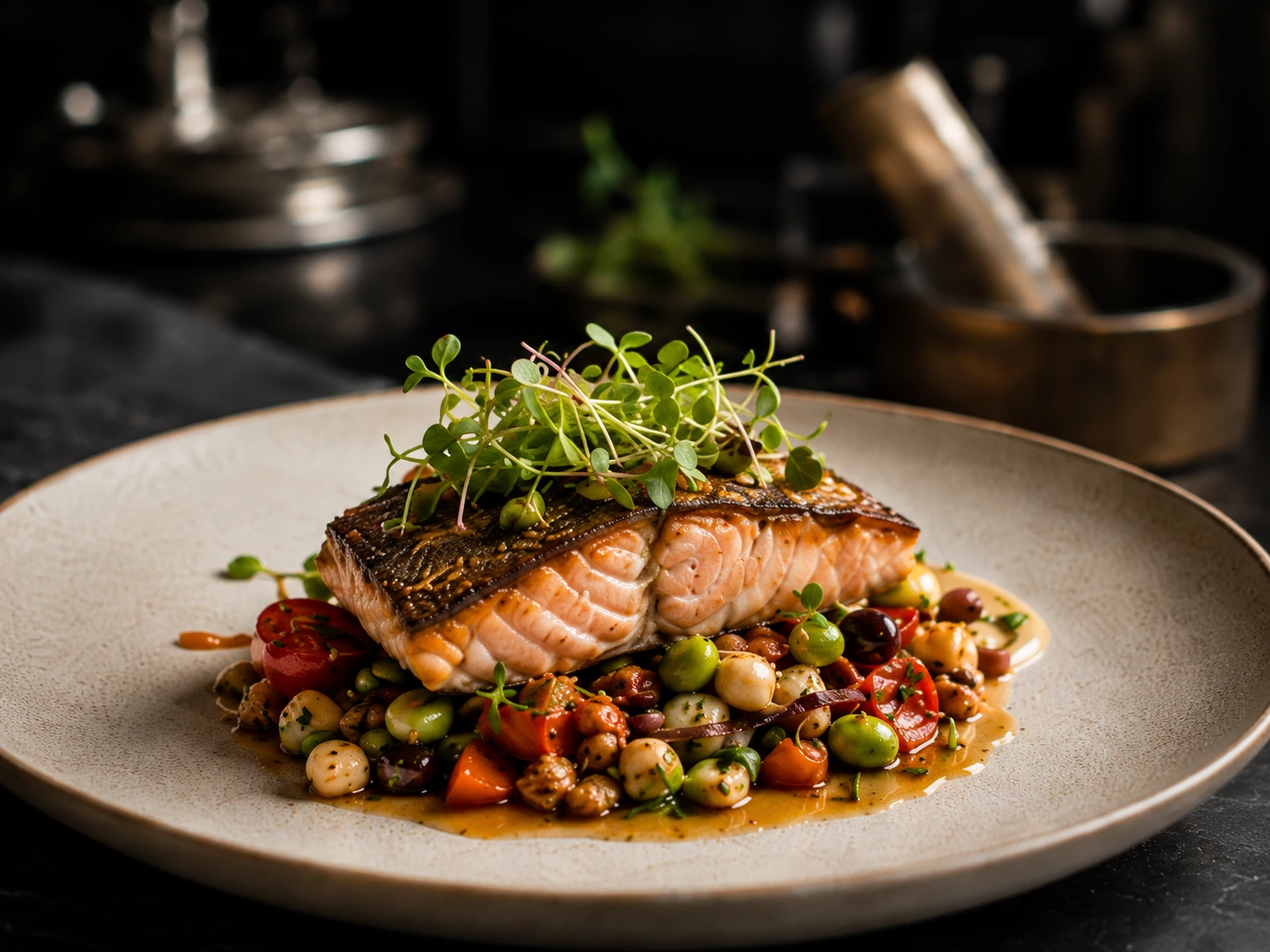 Grilled salmon plated by Chef James